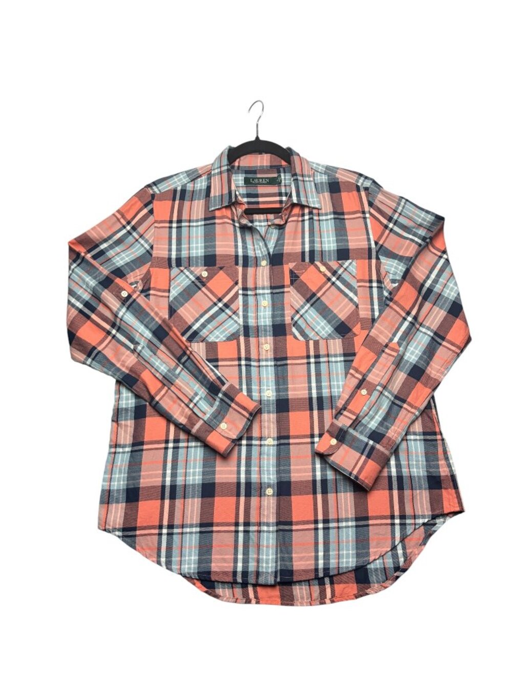 Lauren Ralp Lauren Women's M Plaid Button Down Shirt Blue Roll Tab Sleeve Preppy